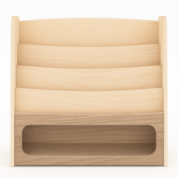 Light Wood Forward-Facing Kids Bookshelf with Storage Bin